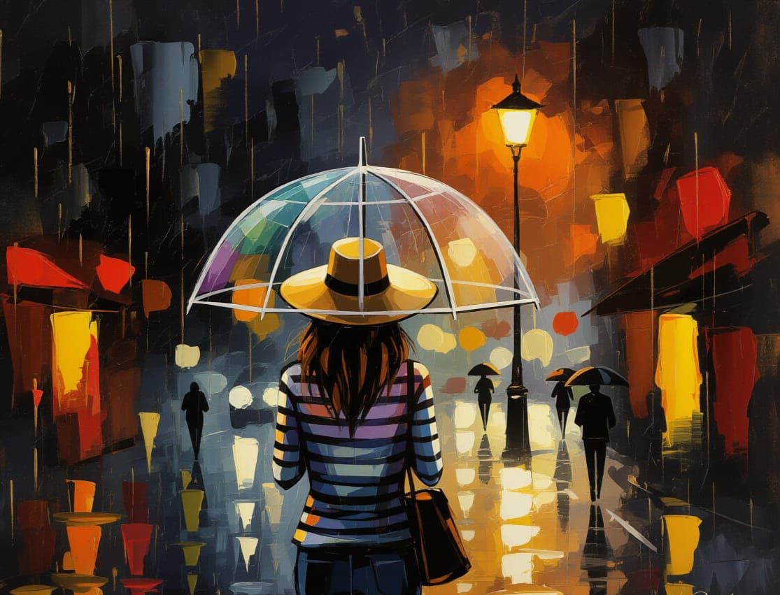 Person Walking in Rain: Abstract Impressionist Digital Art