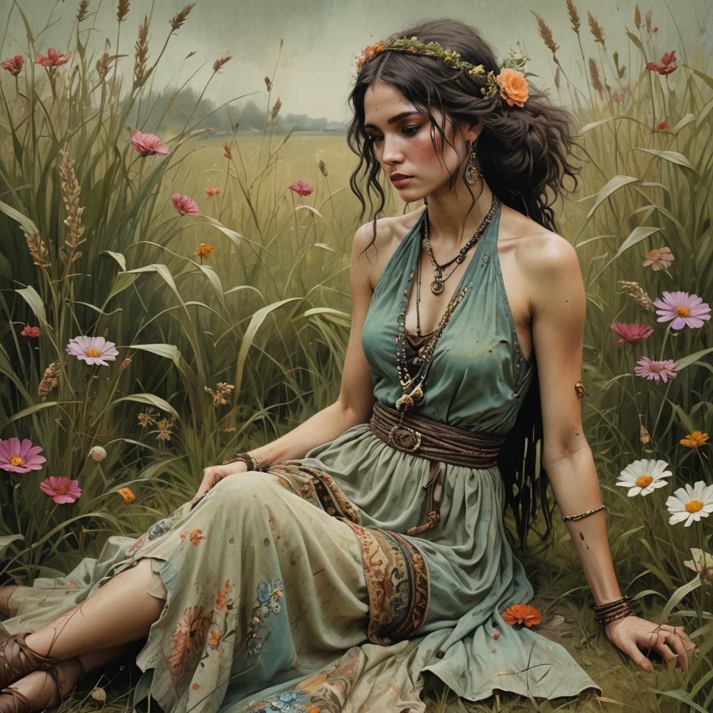 Whimsical Gypsy Woman Sits Amidst Vibrant Blooms in Pastel C...