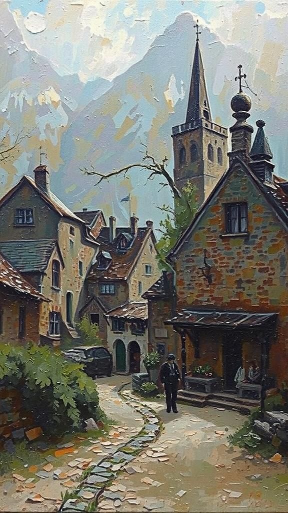 A serene and idyllic village nestled in the rolling mountains, warm golden light casting long shadows across the rustic ...