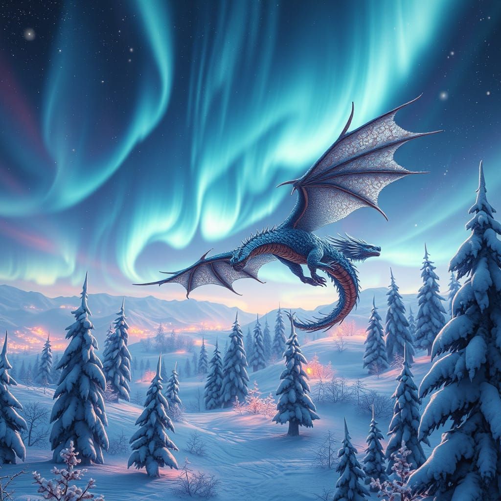 Winter Wonderland with Dragon and Northern Lights in Vibrant...
