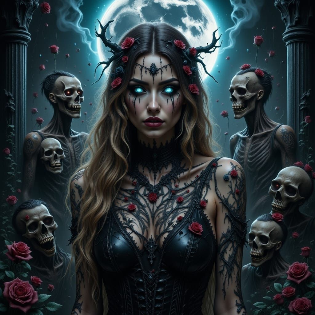 Gothic Woman in Haunted Cemetery Under Evil Moon