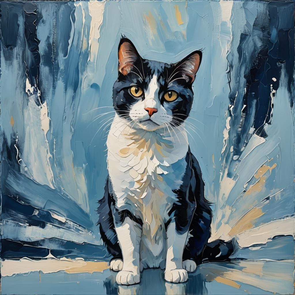 Whimsical Abstract Cat Portrait in Blues