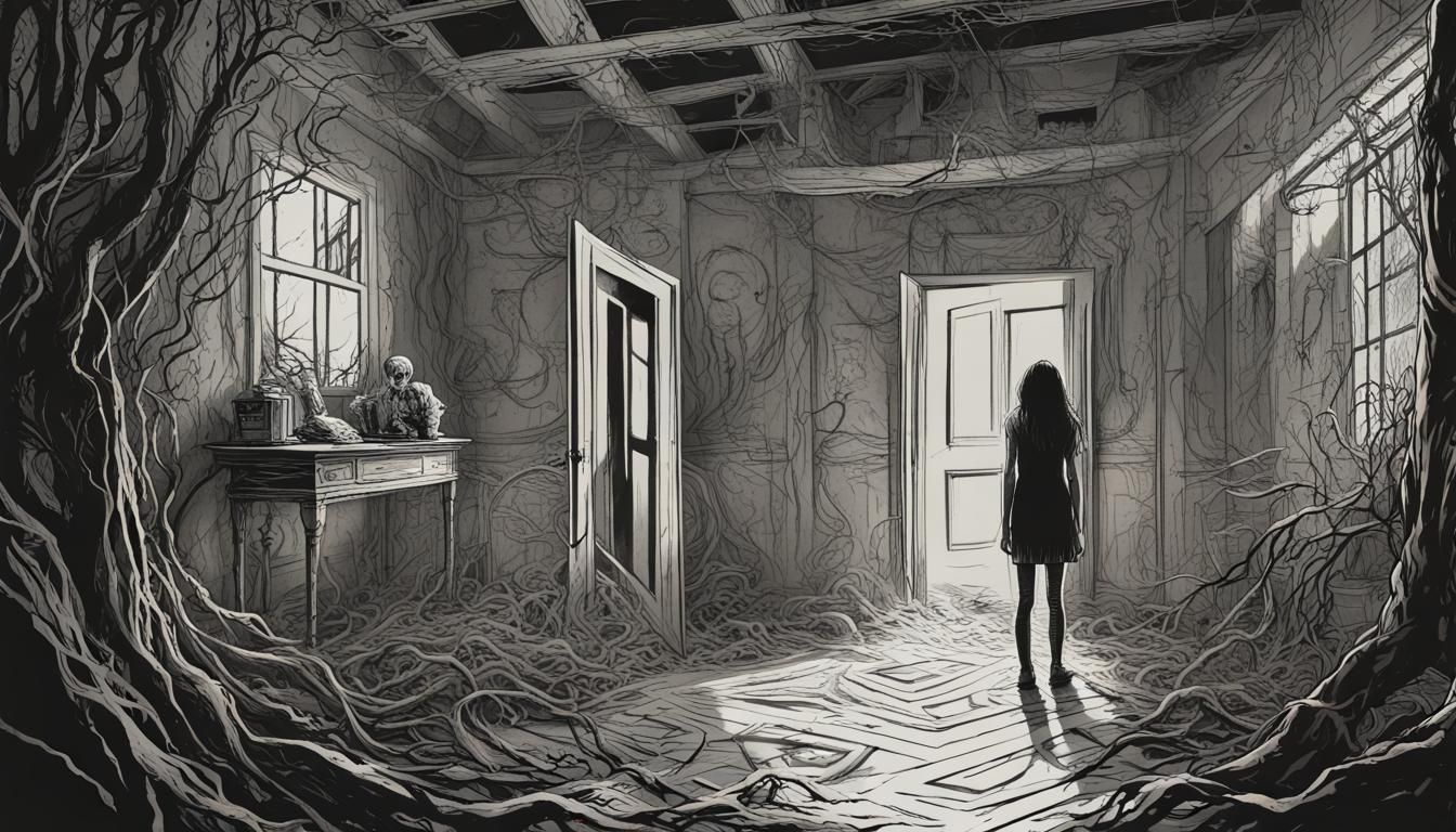 Spectral Girl in Haunting Mansion Scene, Horrific Cyberpunk...