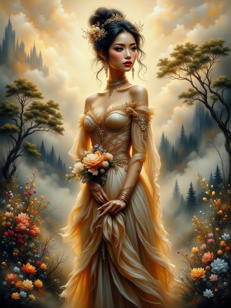 Asian Woman in Landscape, Renaissance-Style Digital Art