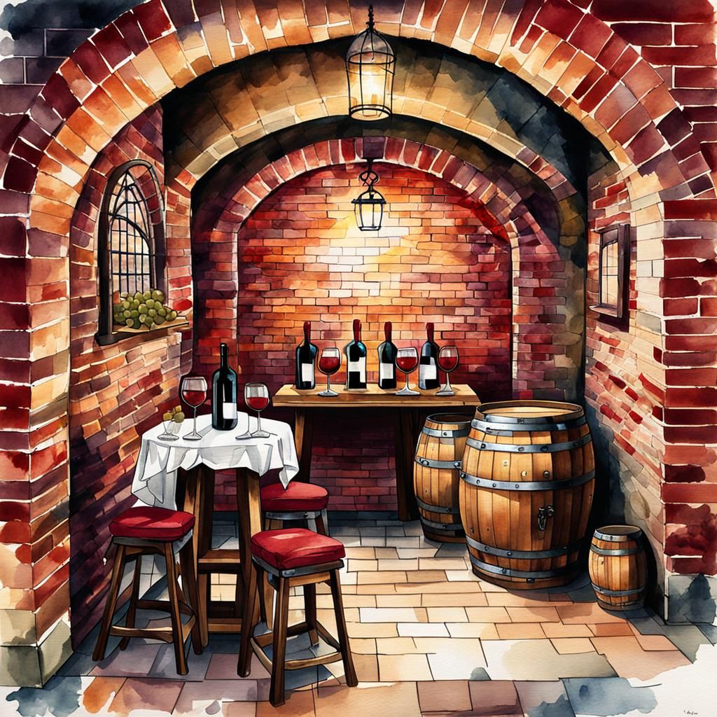 Vintage Wine Cellar in Watercolor Style