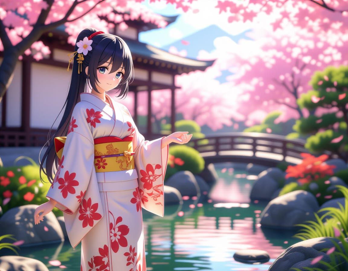 Anime Woman in Open Kimono in Japanese Garden