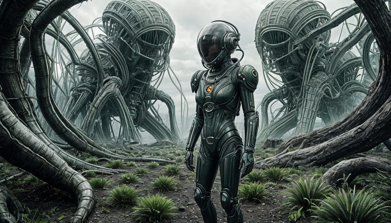 Ethereal Biomechanical Landscape in Giger's Style