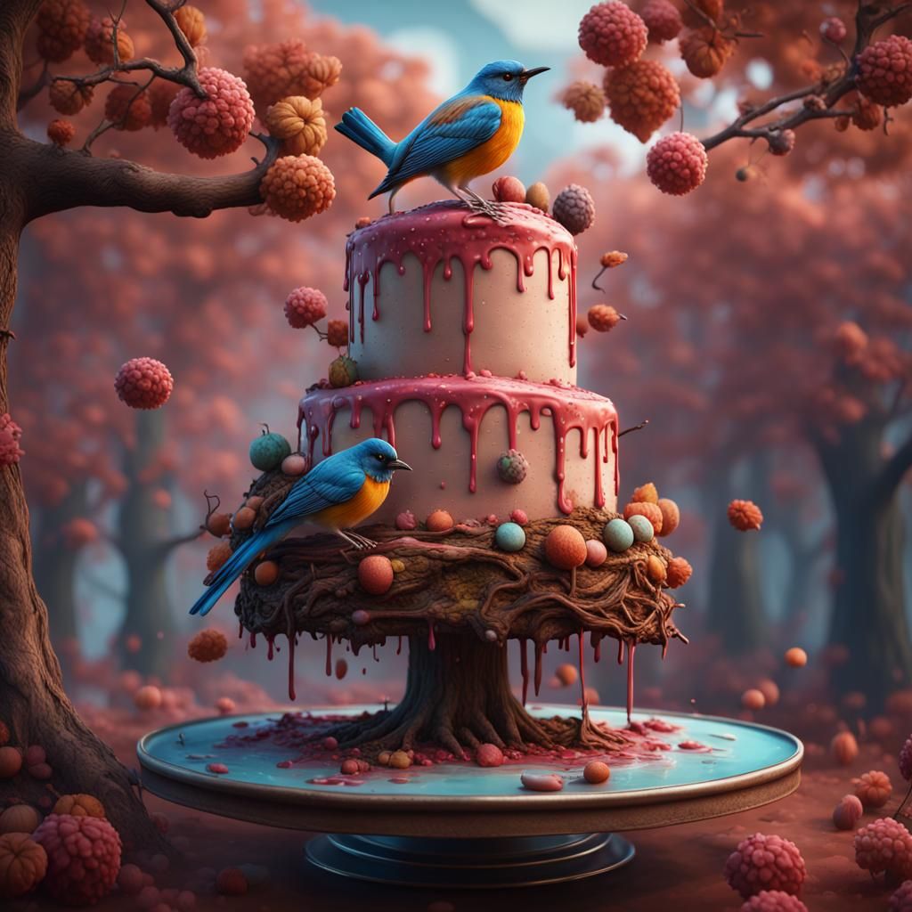Whimsical Cake Bird in Splendid Cake Tree