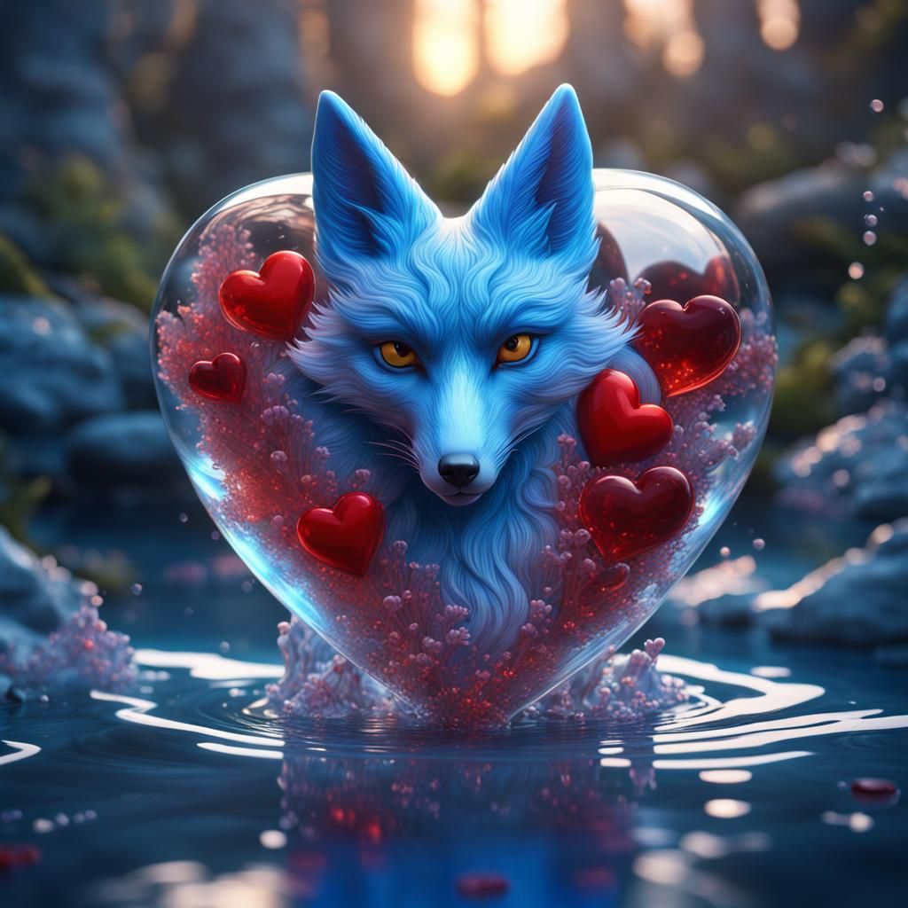 Dazzling Blue Foxes Admire Heart Shaped Glass