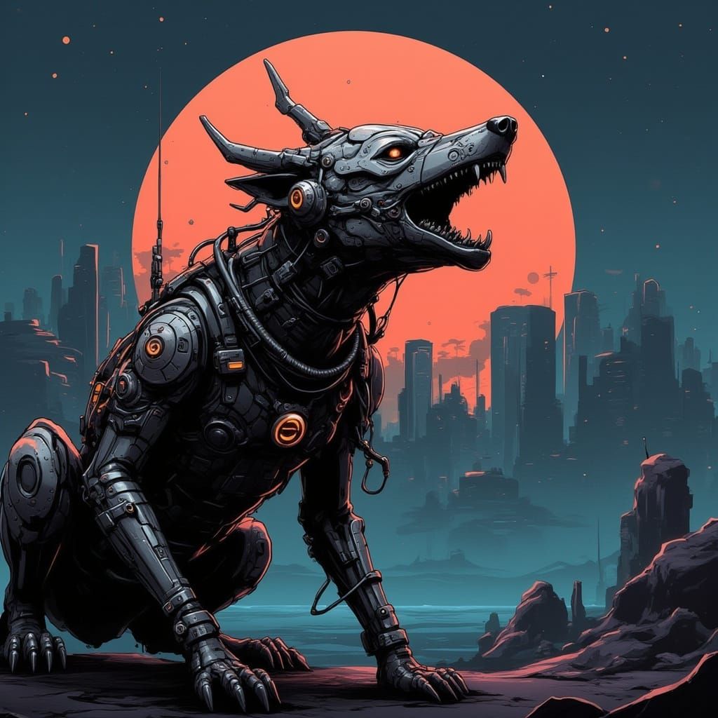 Cyberpunk Wolf at Full Blood Moon