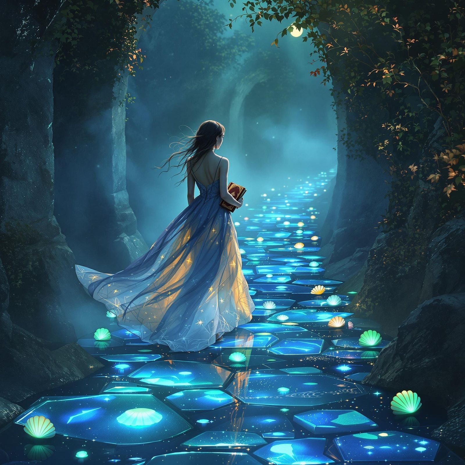 Ethereal Woman Wanders Glowing Glass Pathway