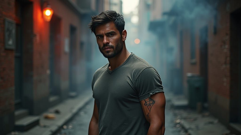 Cinematic Urban Hero in Dark Alleyway