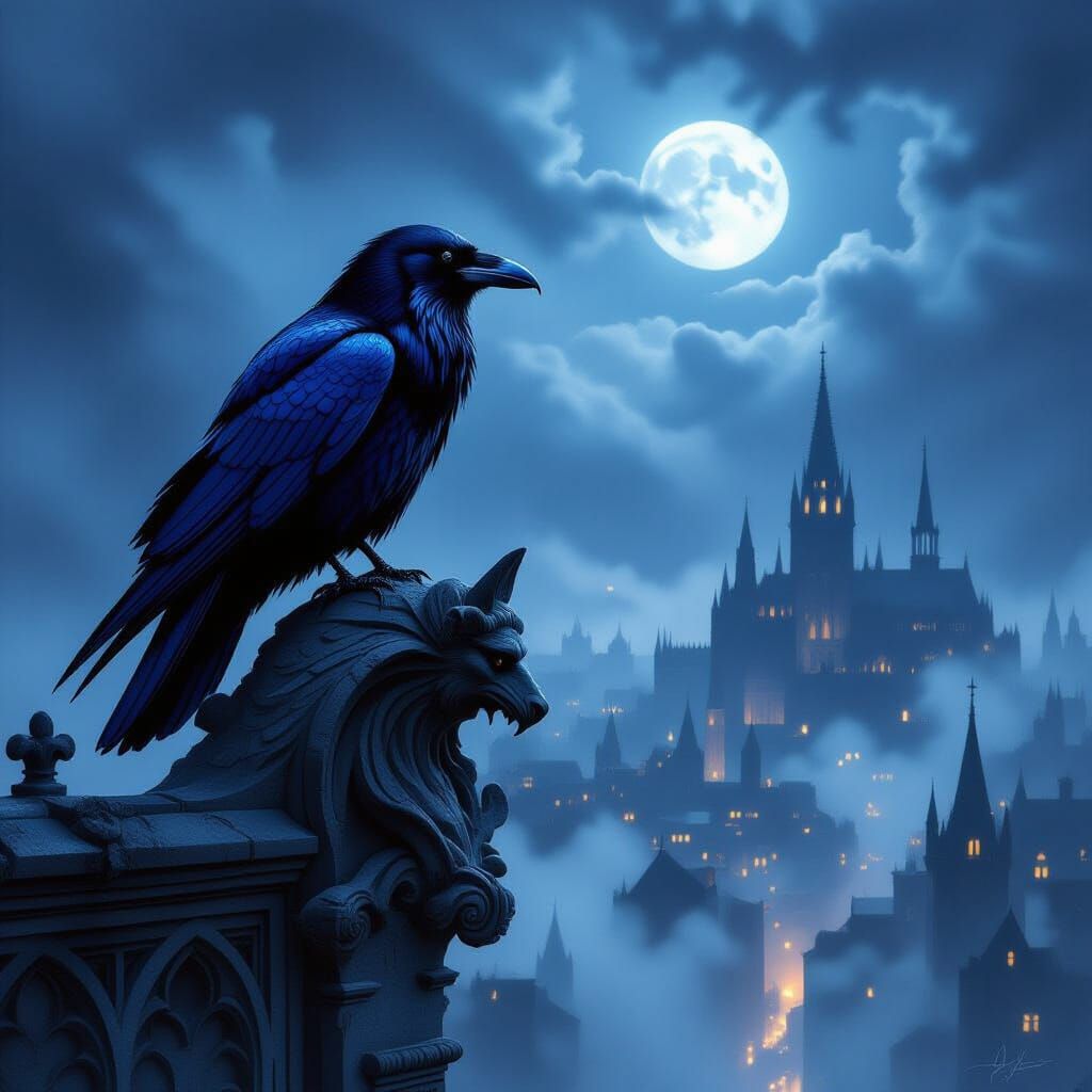 Majestic Raven on Gargoyle in Moonlit Cityscape