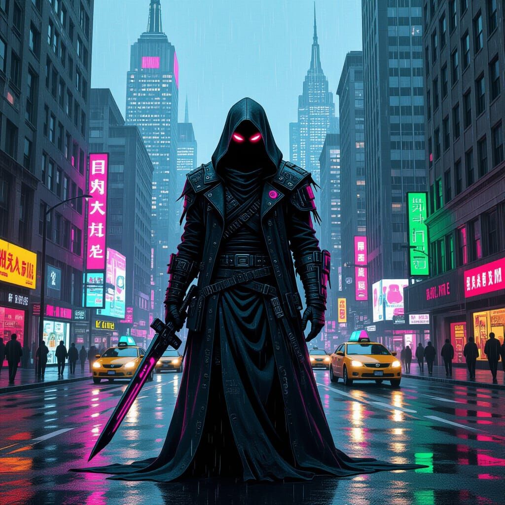 Cyberpunk Grim Reaper in Rainy Cityscape