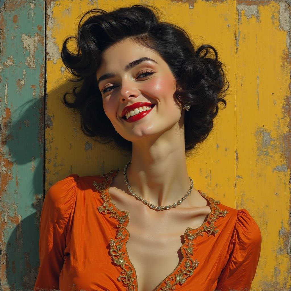 Elegant Woman in 1960s Style with Wavy Hair and Chic Dress