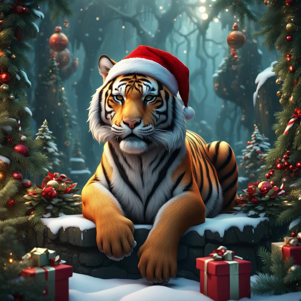 Tiger in Santa Hat Marvels at Christmas Jungle