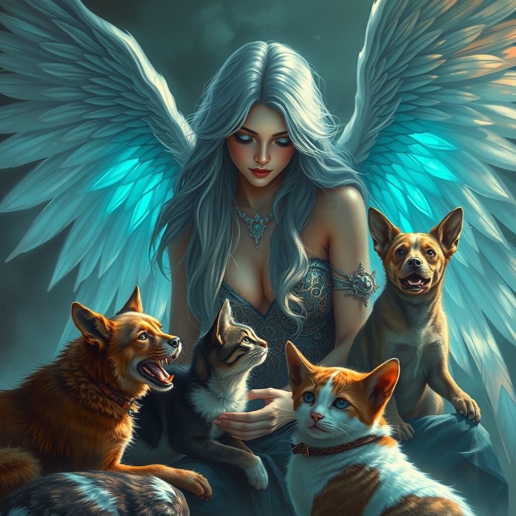 Angelic Woman Tending to Strays in Dark Fantasy Style