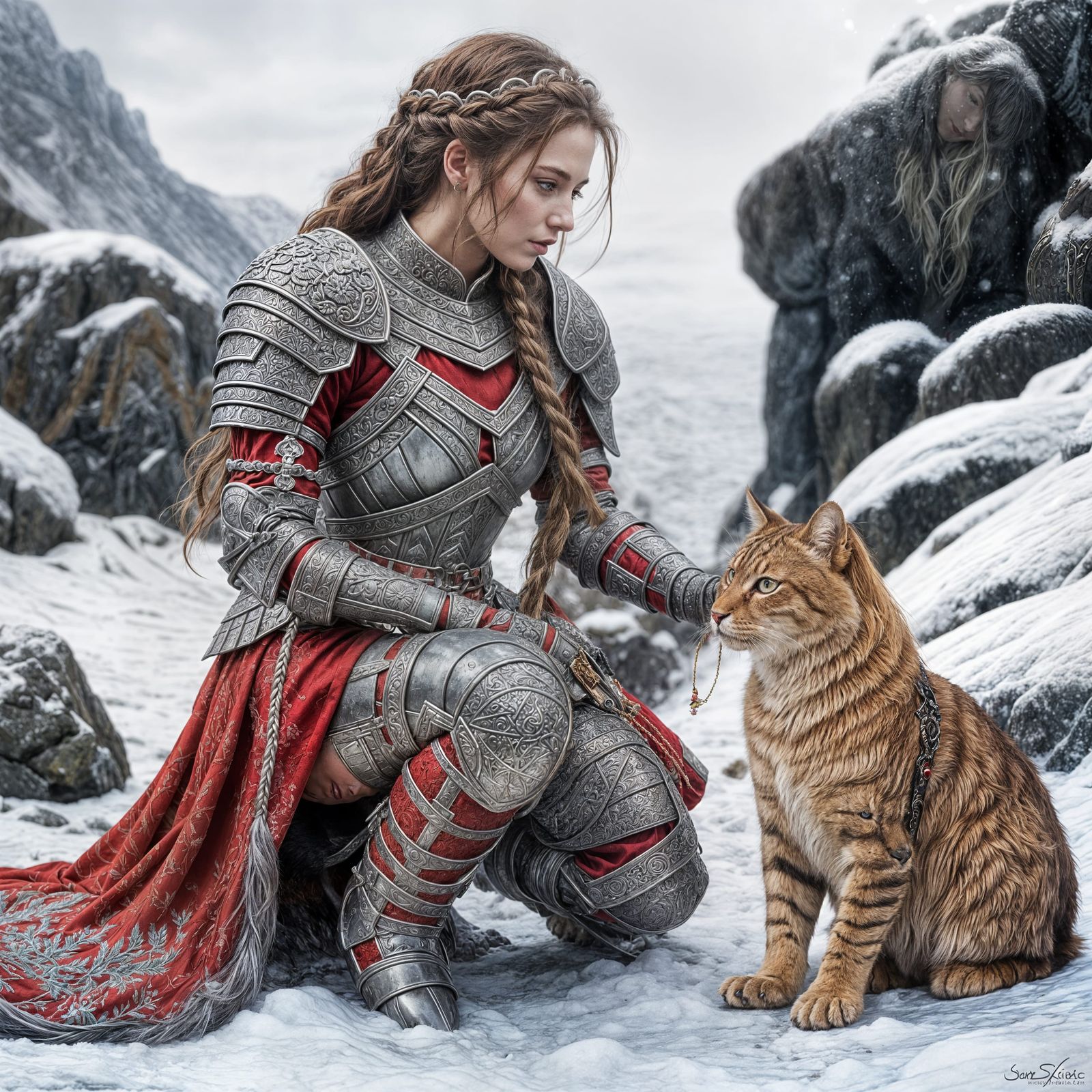 Warrior Queen Petting Feline Companion in Snowy Landscape