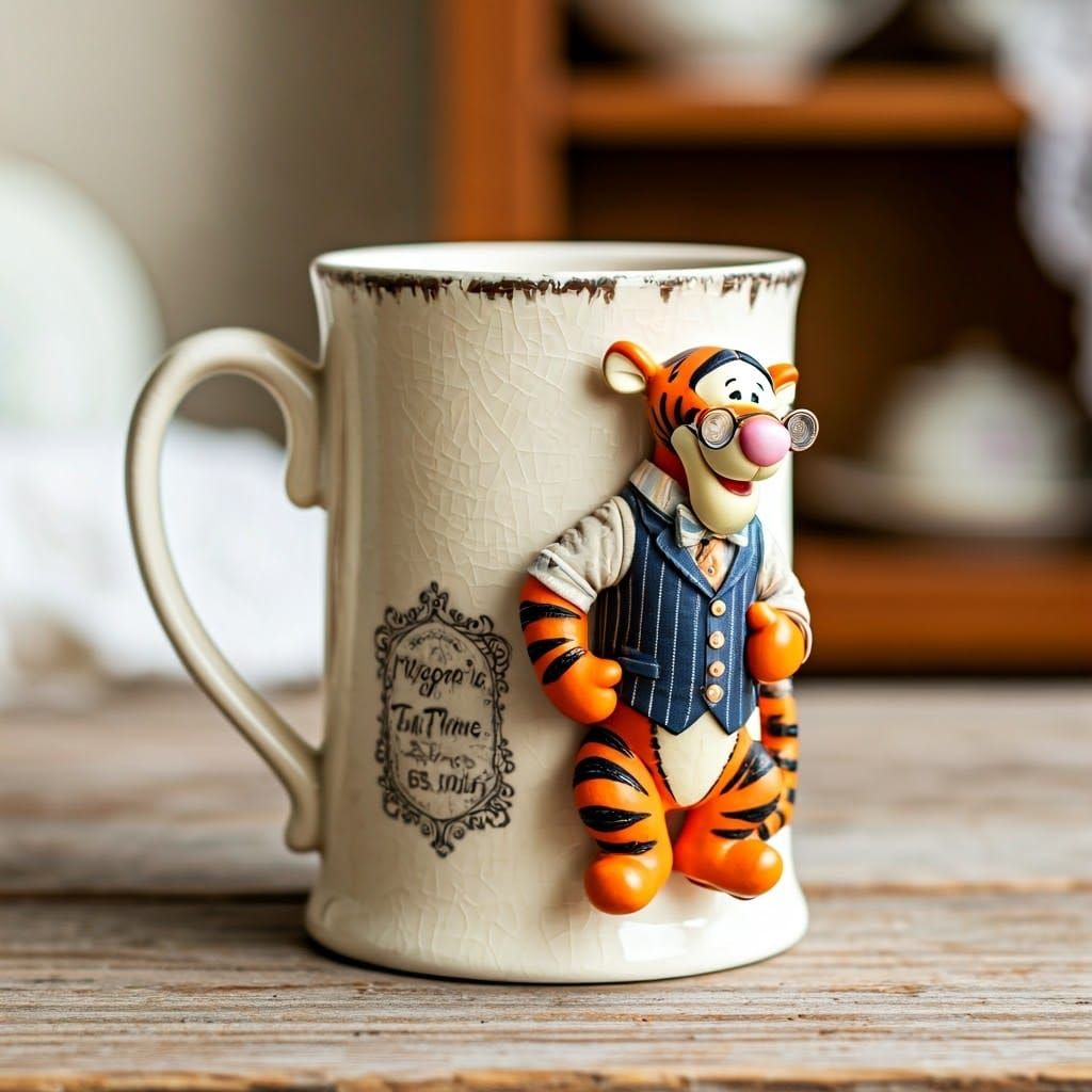 Vintage-Inspired Tigger Mug in Cream Ceramic with Delicate F...