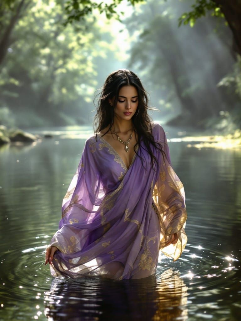 Ethereal Woman in Forest River, Waterhouse and Klimt Style