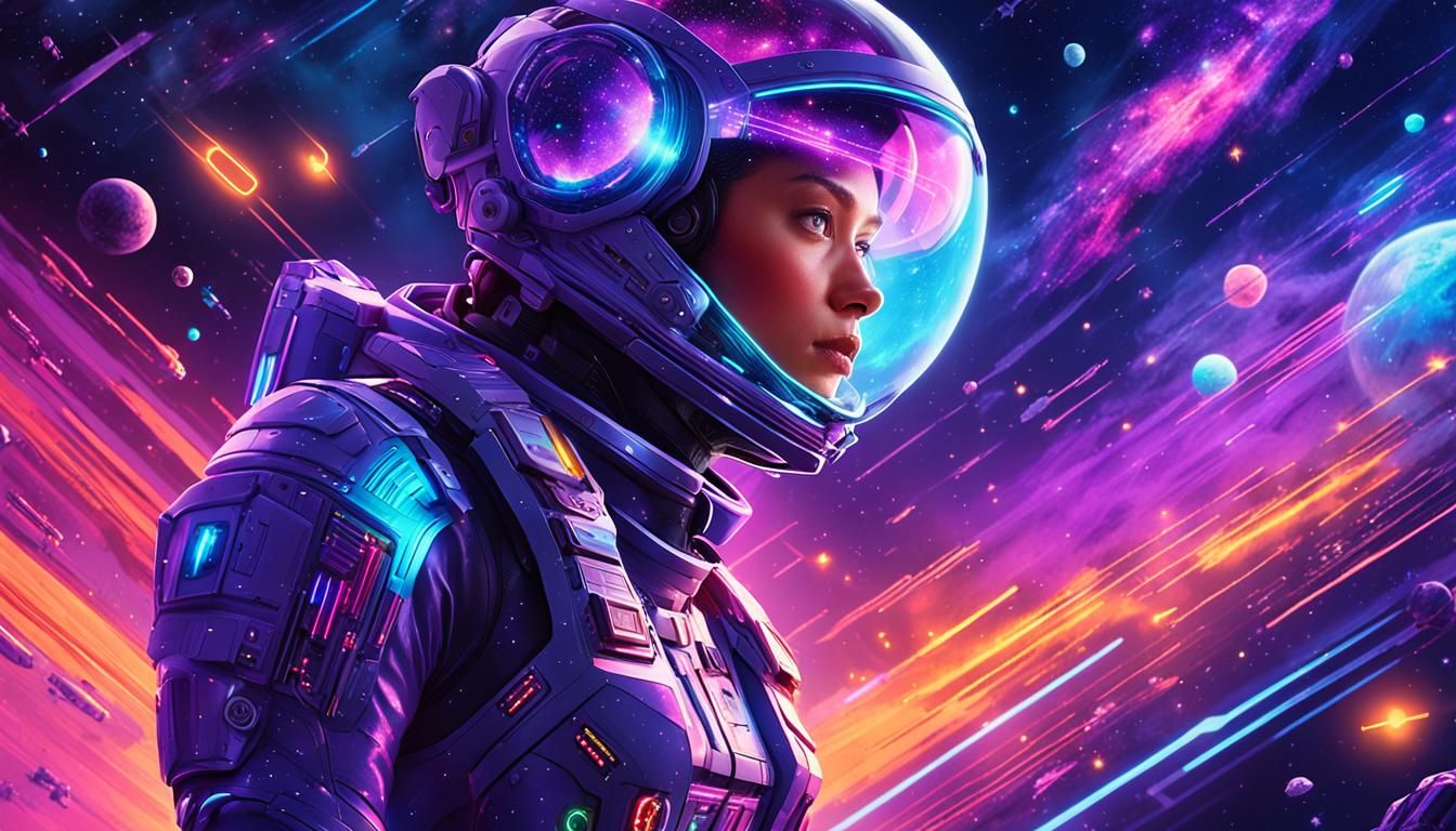 Cosmic Space Odyssey in Vibrant Neon and Deep Blues