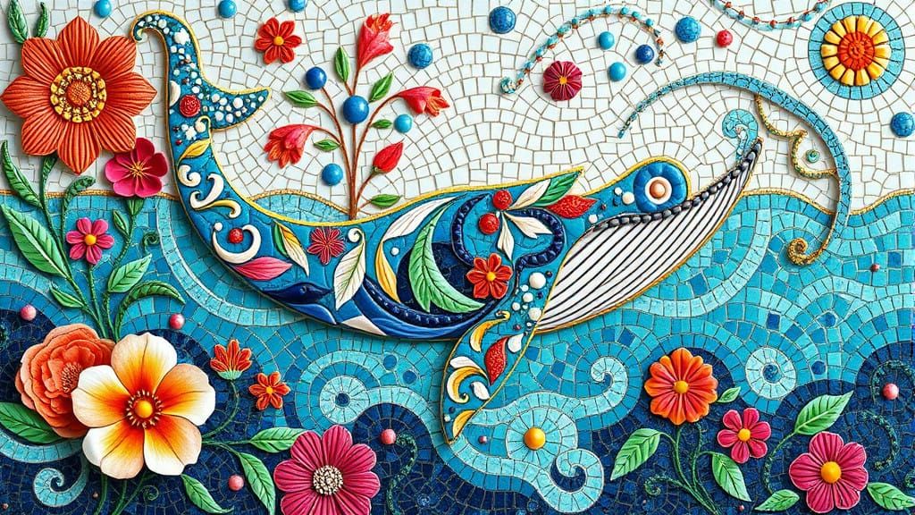 Whale in Vibrant Mosaic Artwork