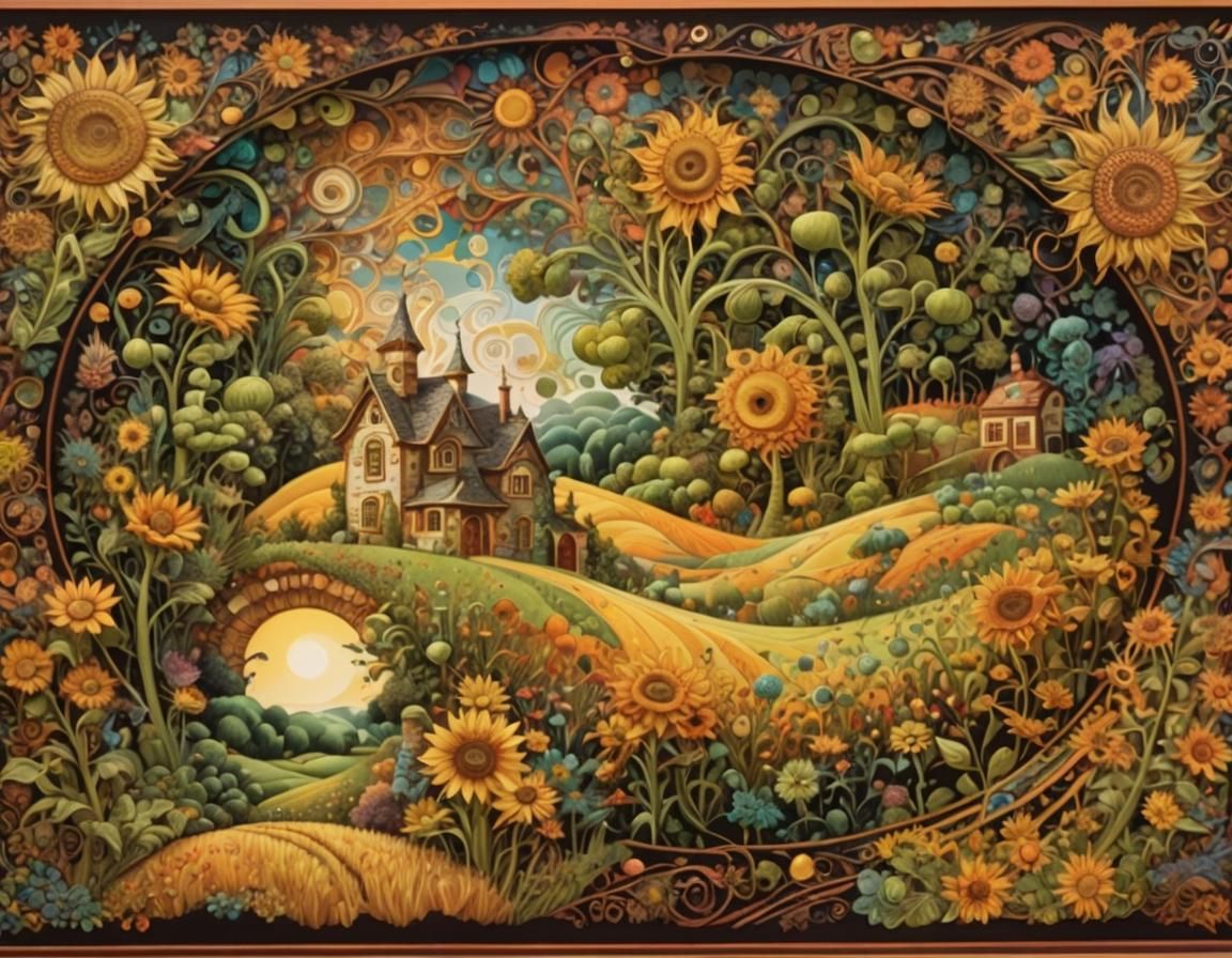 Whimsical Surrealism Landscape with Fractal House and Vibran...