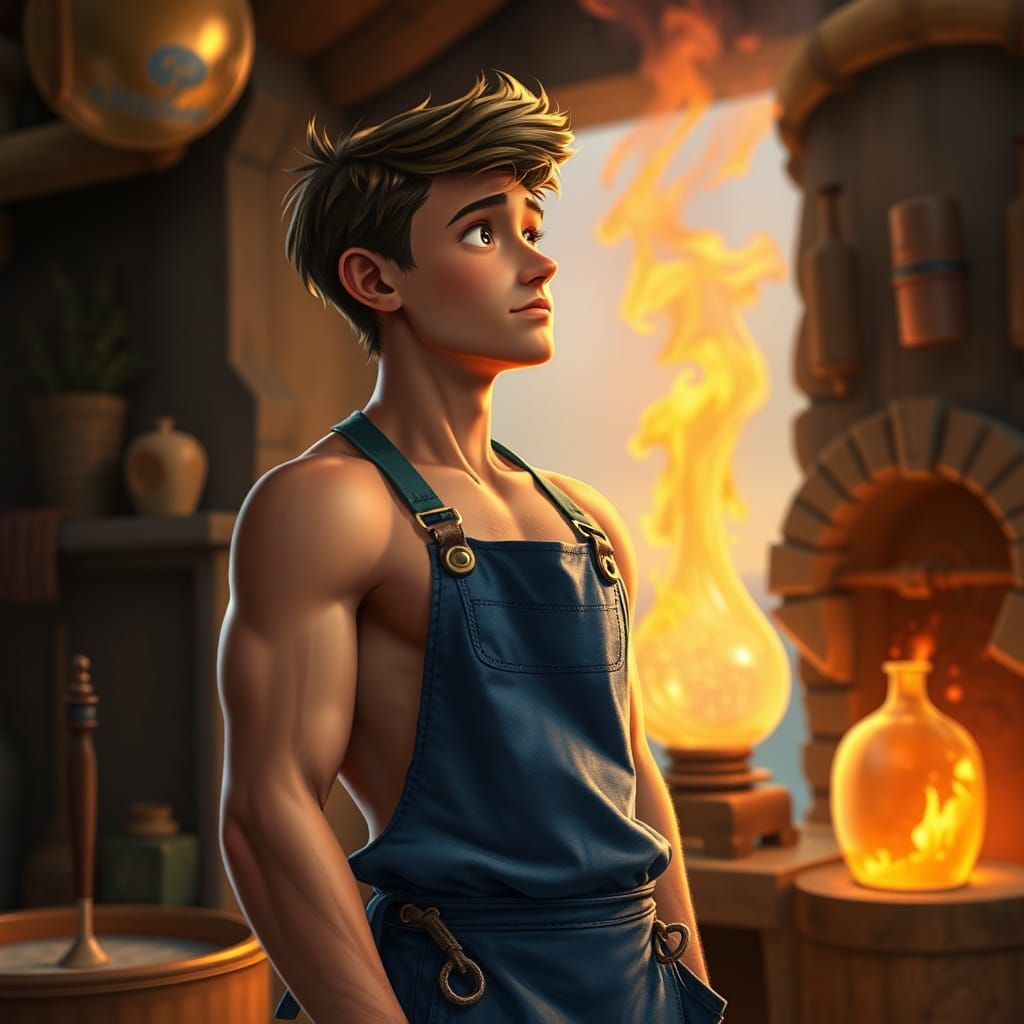 Young Glassblower Stands in Vast Forge with Blown Glass