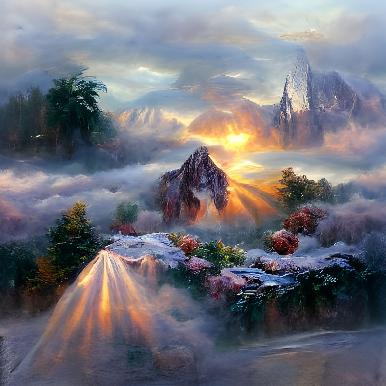Ethereal Fantasy Sunrise Over Serene Mountains