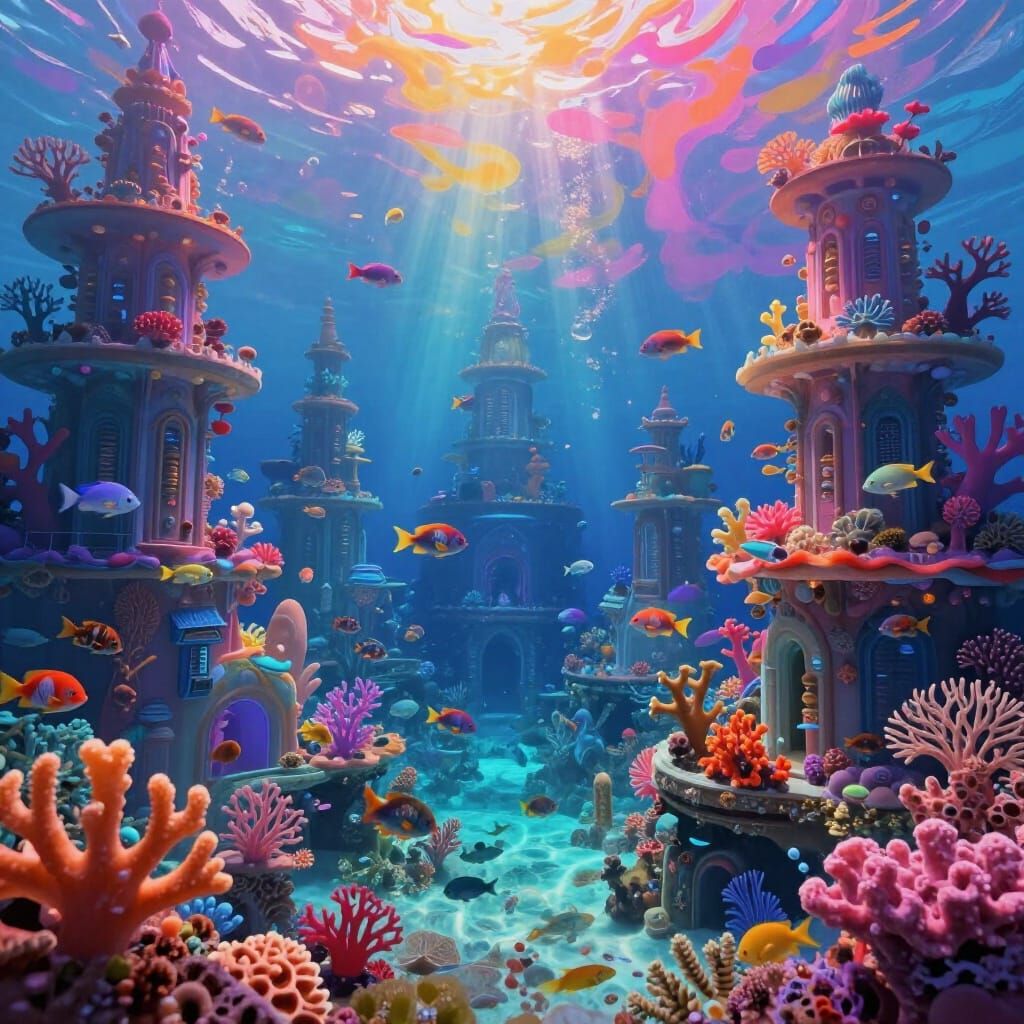 Ethereal Underwater City with Vibrant Coral and Fish