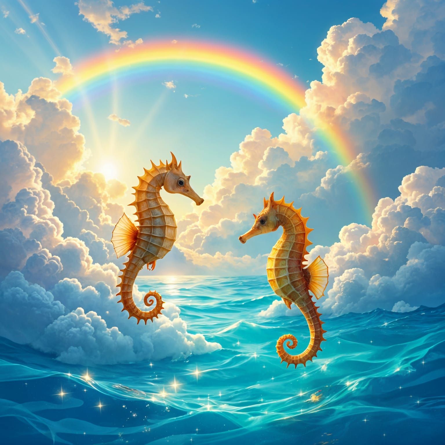 Seahorses Swim Through Rainbow Clouds Above Caribbean Waters
