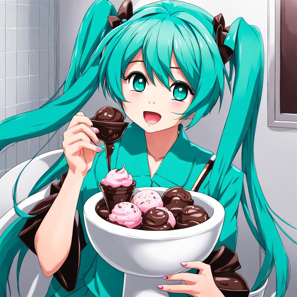 Hatsune Miku savors chocolate ice cream in anime style toile...
