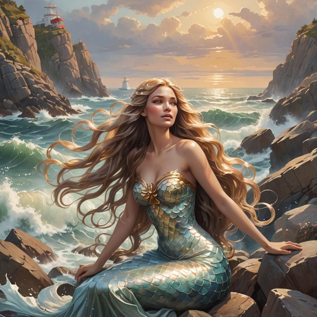 Ethereal Mermaid Siren Basks in Golden Light