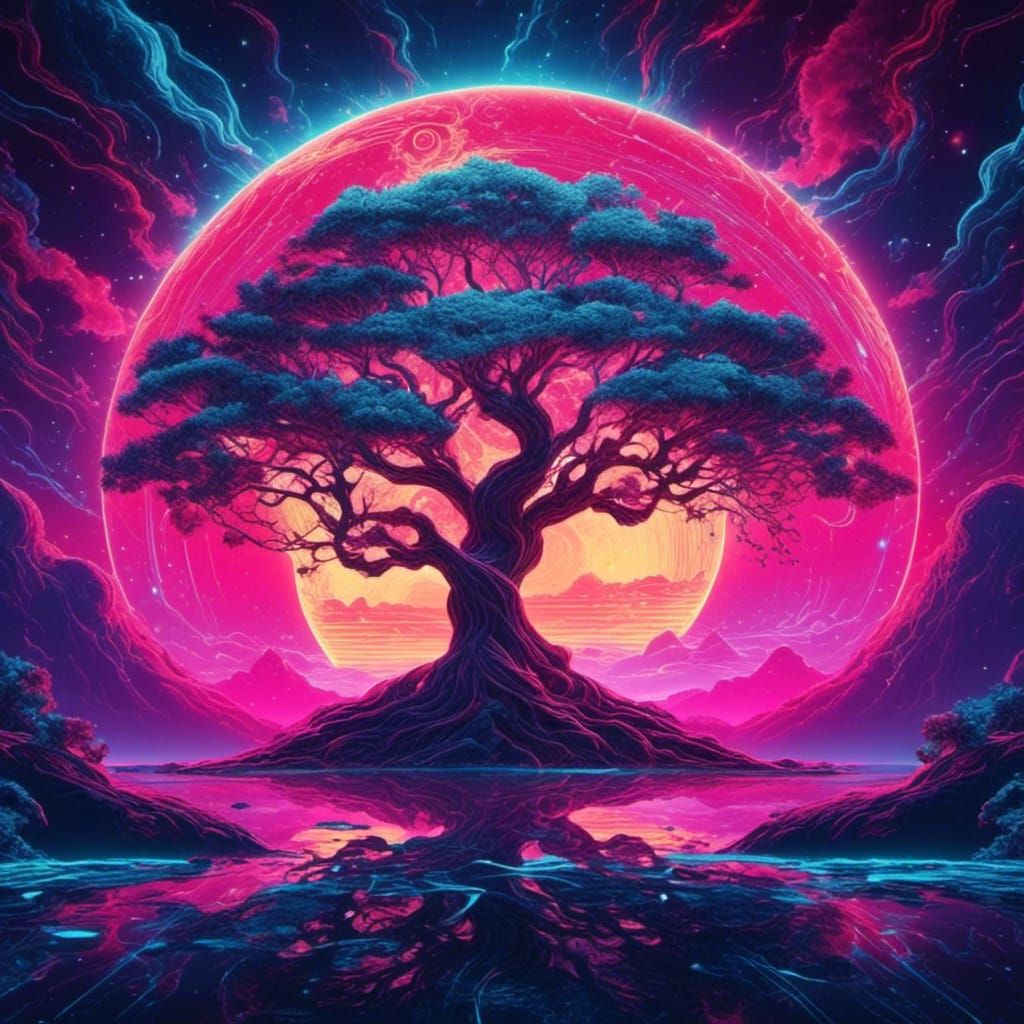 Cyberpunk Tree of Life Glows with Synthwave Energy