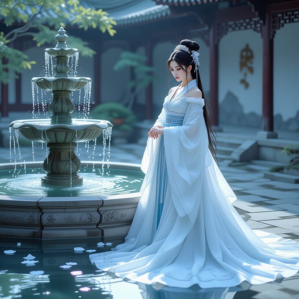 Ethereal Princess in Hanfu Gown by Fountain