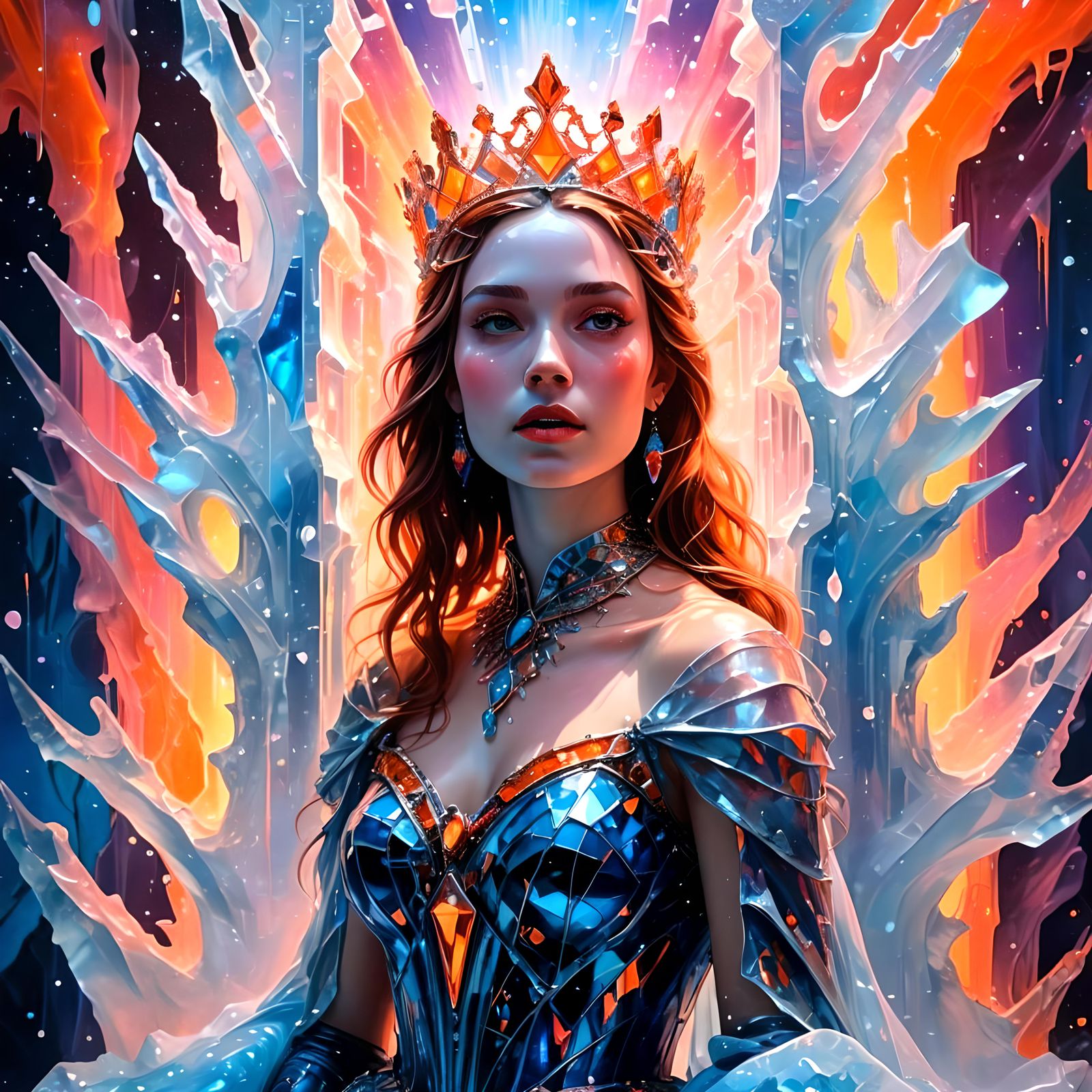 Surreal Princess Emerging from Lavish Neon-Lit Canvas