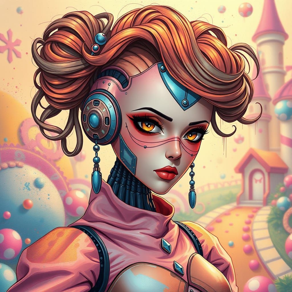 Elegant Femme Fatale Robot in Whimsical Dreamlike Setting