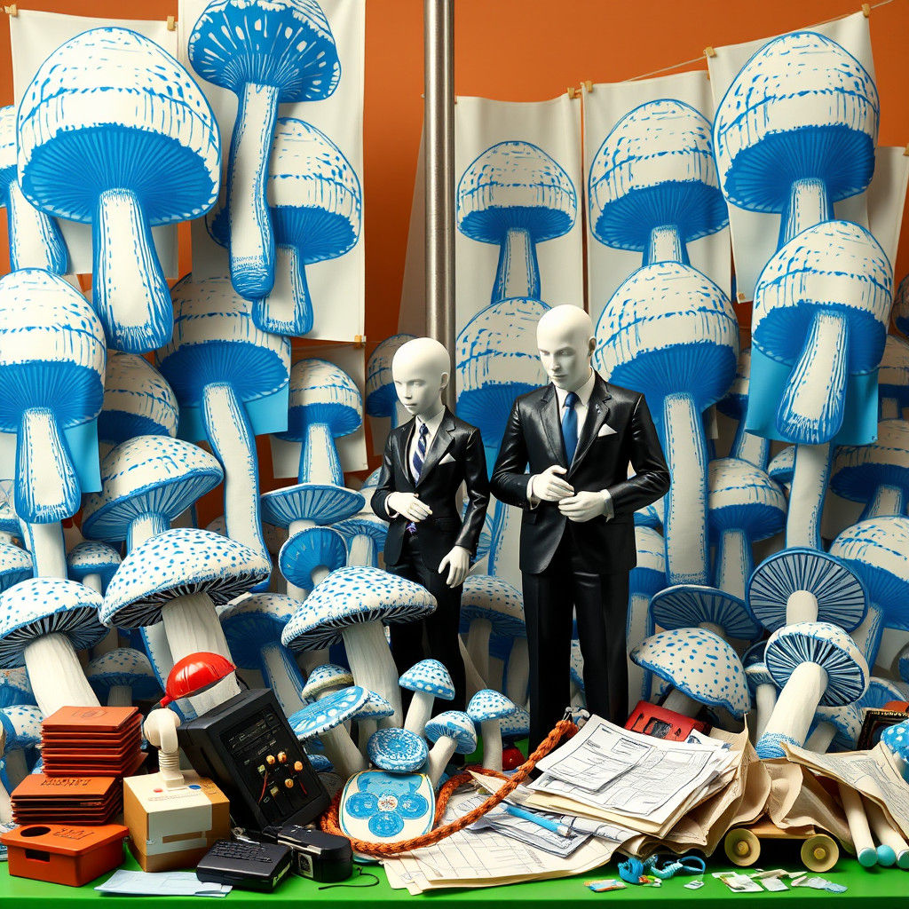 Surreal Bureaucrats Amidst Whimsical Mushroom Frenzy in Drea...