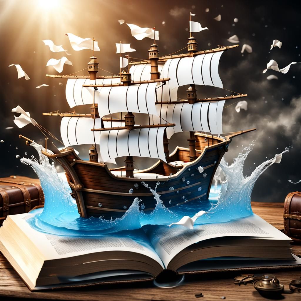 Pirate Ship Emerges from a Vintage Book in a Sea of Water