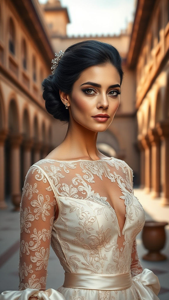 Elegant Woman in Modern Spanish Couture in Grand Plaza