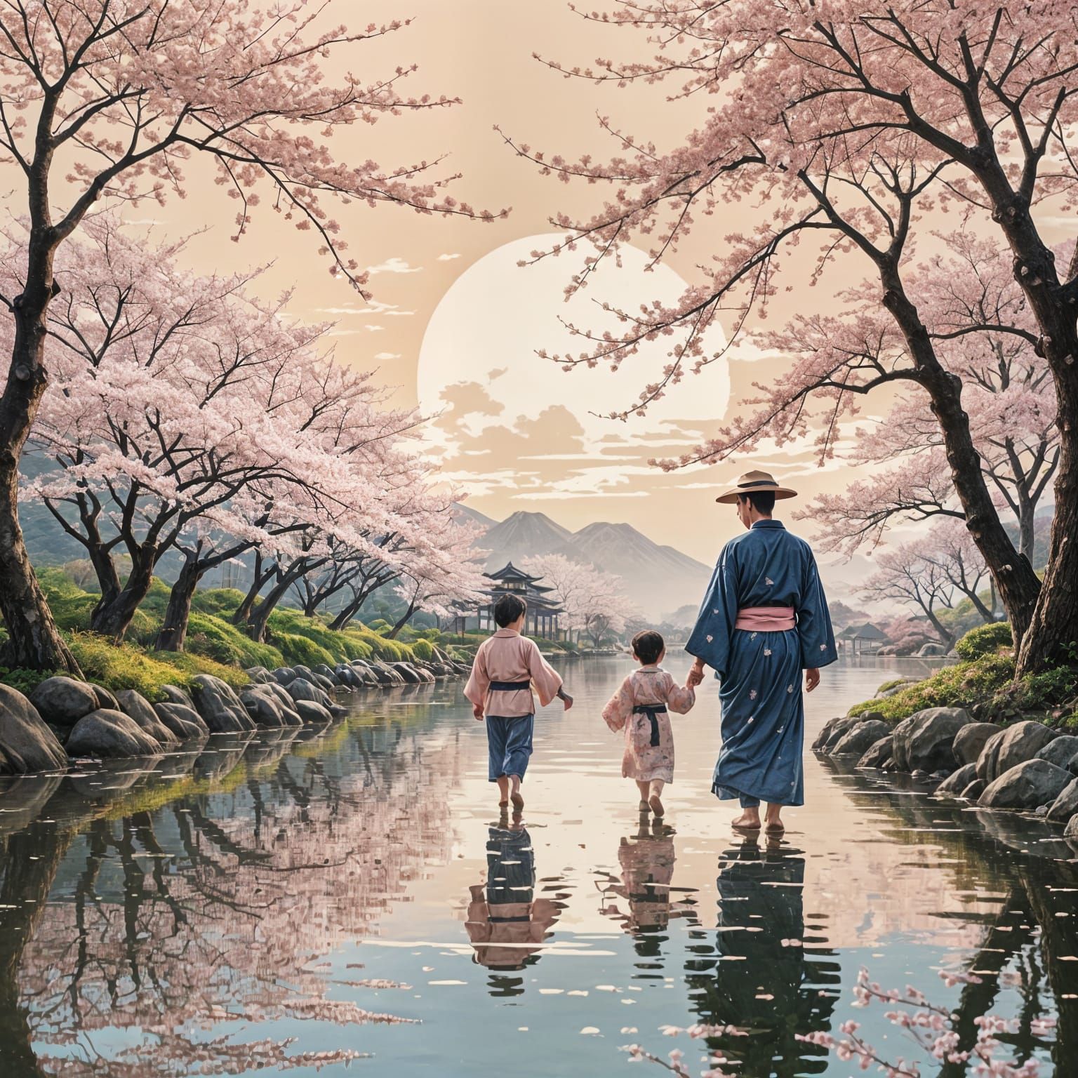 Father and Child Under Sakura, Ukiyo-e Print