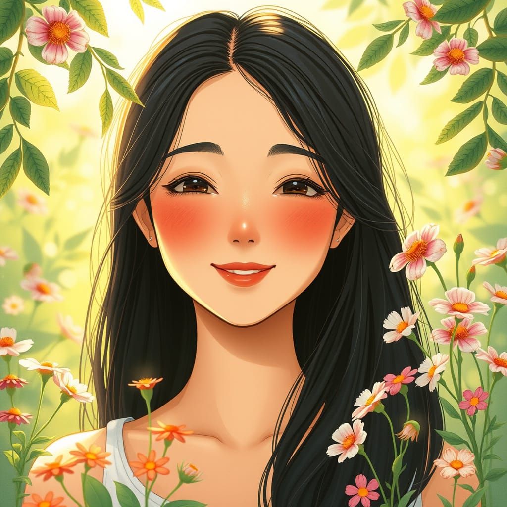 Serene Woman in Lush Greenery Embodies Self-Acceptance