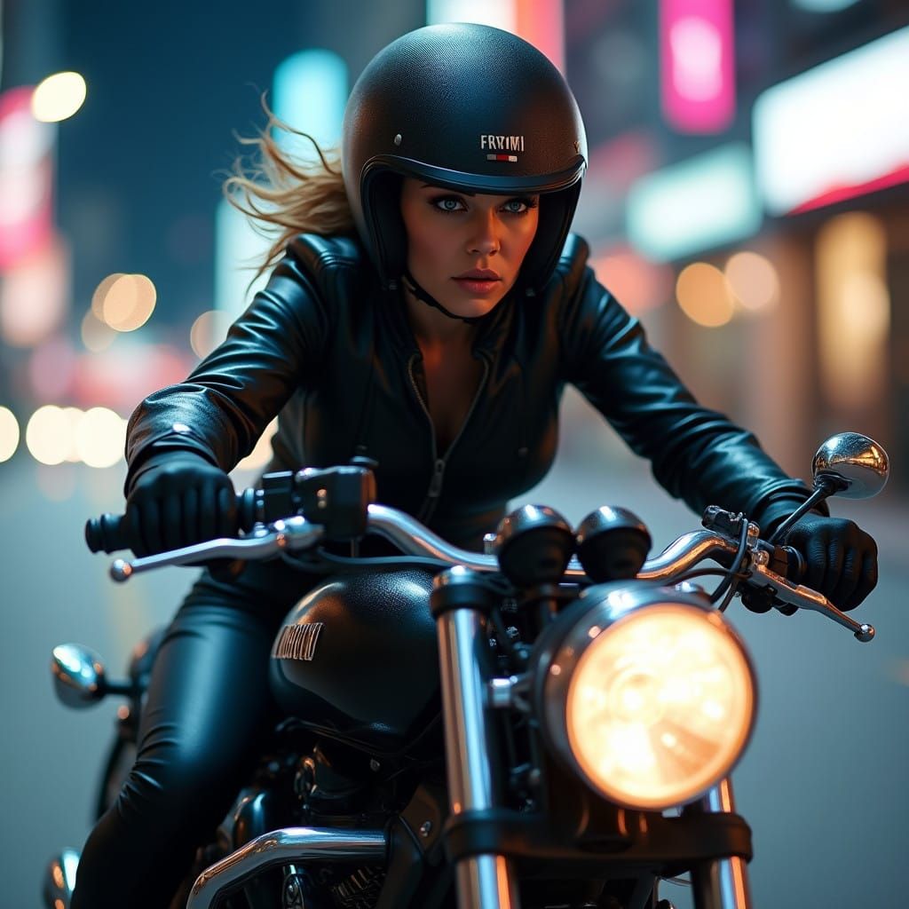 Sleek Woman Cruises City at High Speed in Cyberpunk Neon