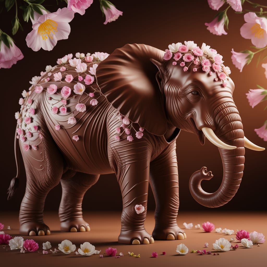 Chocolate Elephant Among Blooming Flowers