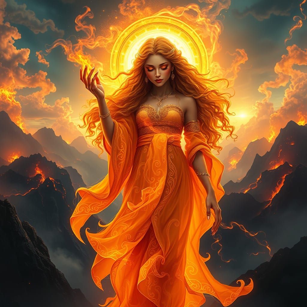 Mystical Goddess of Dreams and Fire in Ember Hued Robes