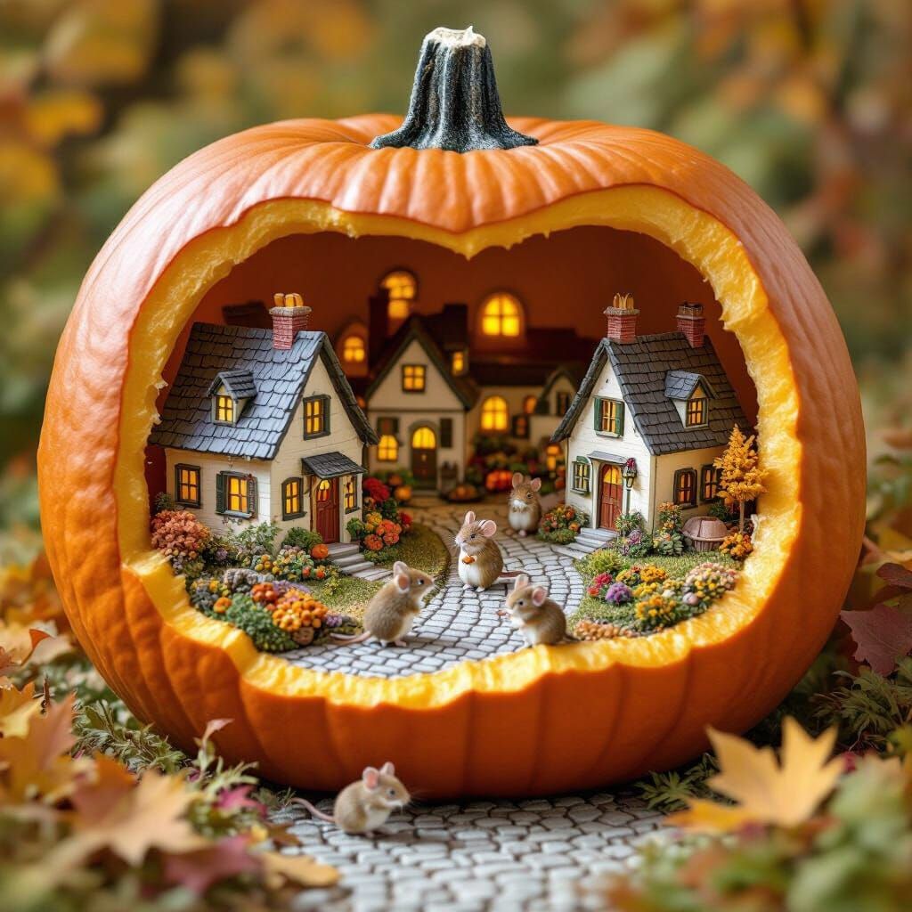 Charming Miniature Village Inside a Pumpkin, Autumn Festivit...