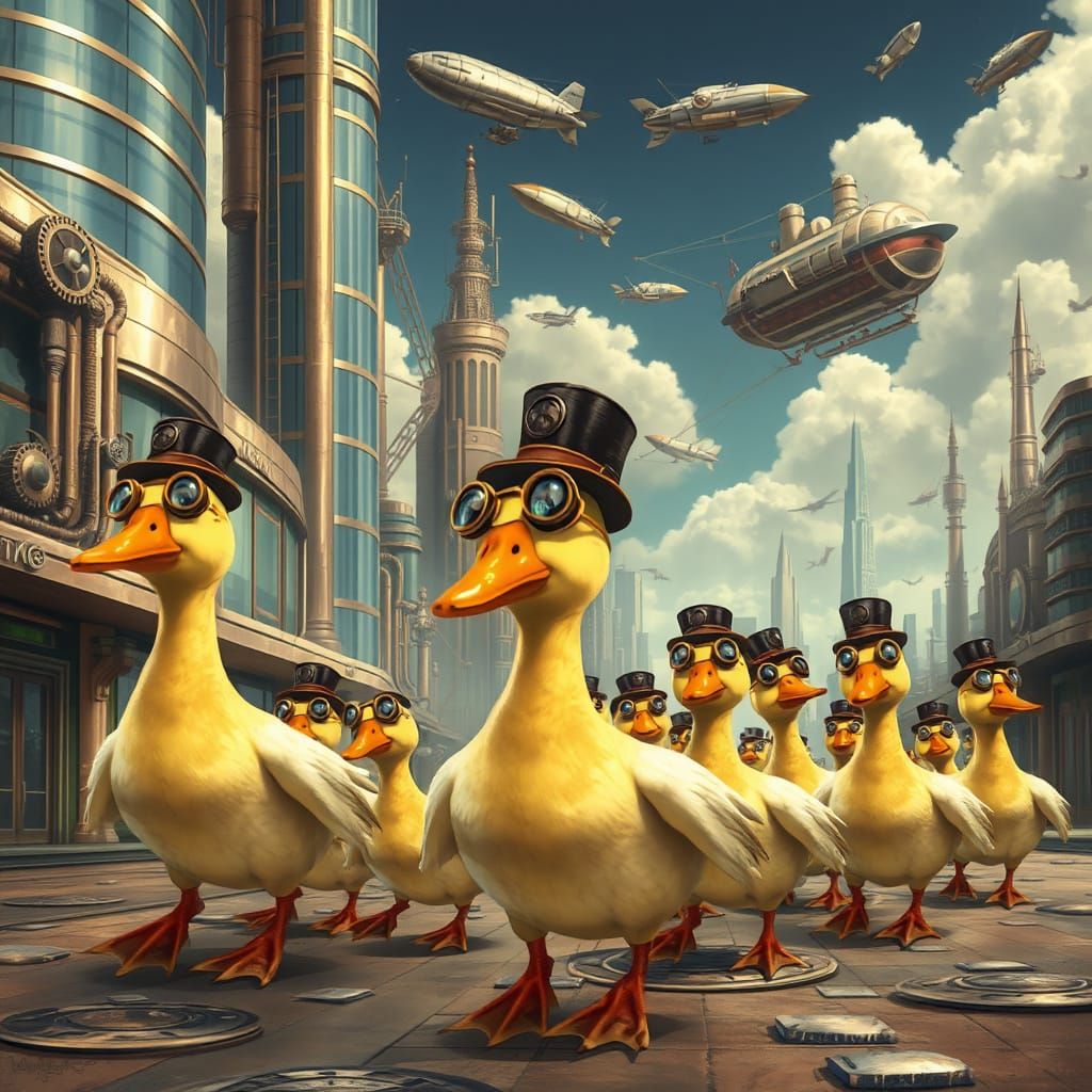 Steampunk Ducks Explore Futuristic City