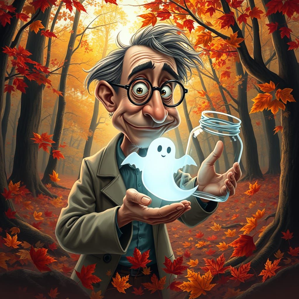 A whimsical, slightly distorted caricature of a scientist at...