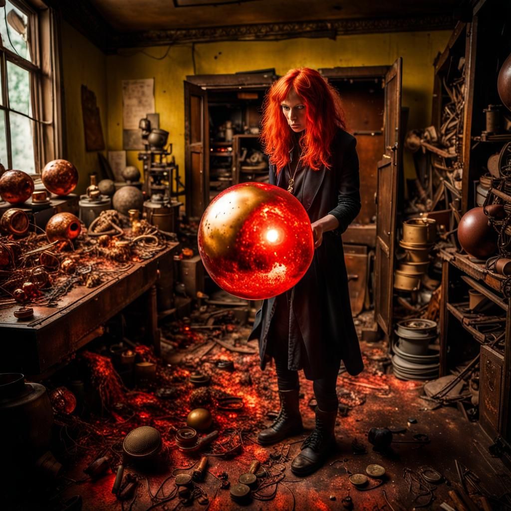 Cyberpunk Zone Stalker Amidst Shimmering Copper-Gold Artifac...