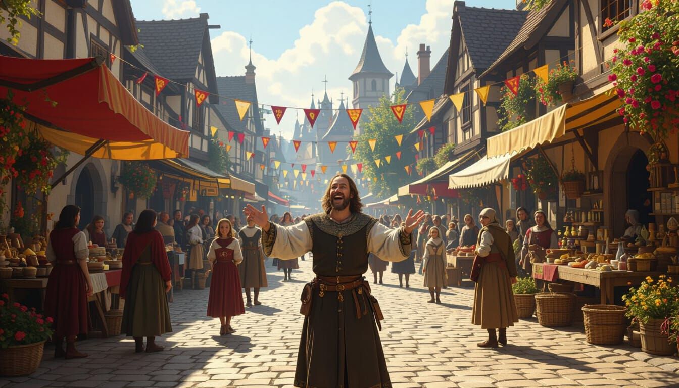 Bustling Medieval Village Square in Daylight